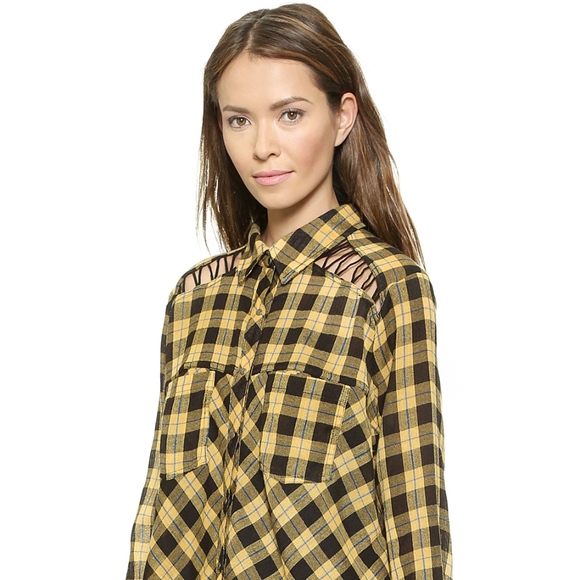 Free People Tops - Free People Gauzy Plaid Lace Up Button Top